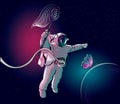 Cosmonaut is chasing a butterfly. Astronaut in space. Vector illustration.